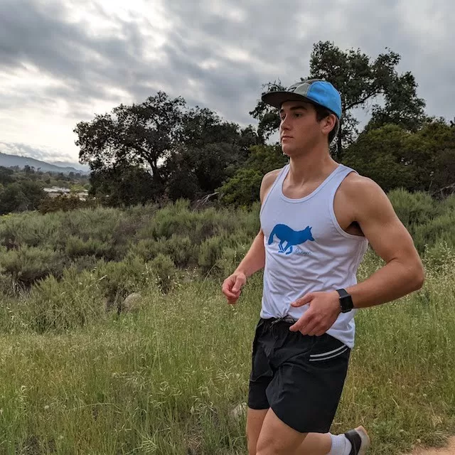 Runyon Electric Blue Logo Hybrid Training Tank for Running, Gym, Workouts American Made In USA White Tank Top Singlet