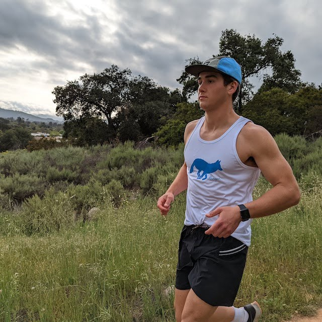 Runyon Electric Blue Logo Hybrid Training Tank for Running, Gym, Workouts American Made In USA White Tank Top Singlet