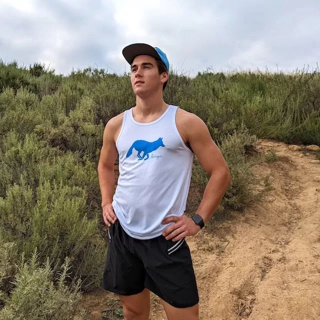 Runyon Electric Blue Logo Hybrid Training Tank for Running, Gym, Workouts American Made In USA White Tank Top Singlet