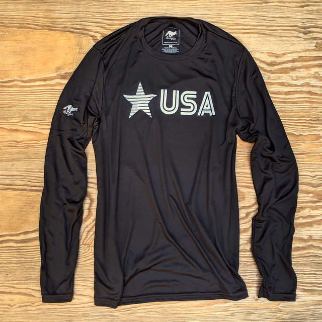 Runyon Men's Star USA Black Long Sleeve Training Shirt great for Running, Hiking, Outdoor Fitness Made In USA