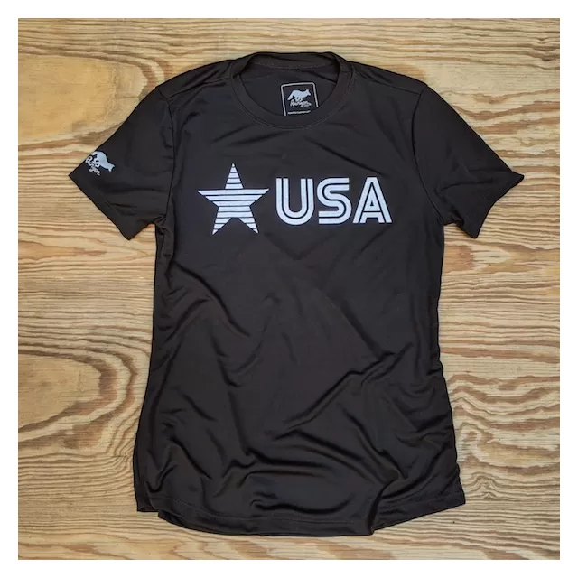 Runyon Women's Star USA Black Training Shirt great for Running, Hiking, Outdoor Fitness Made In USA