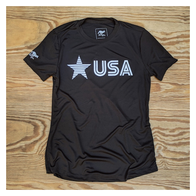 Runyon Women's Star USA Black Training Shirt great for Running, Hiking, Outdoor Fitness Made In USA