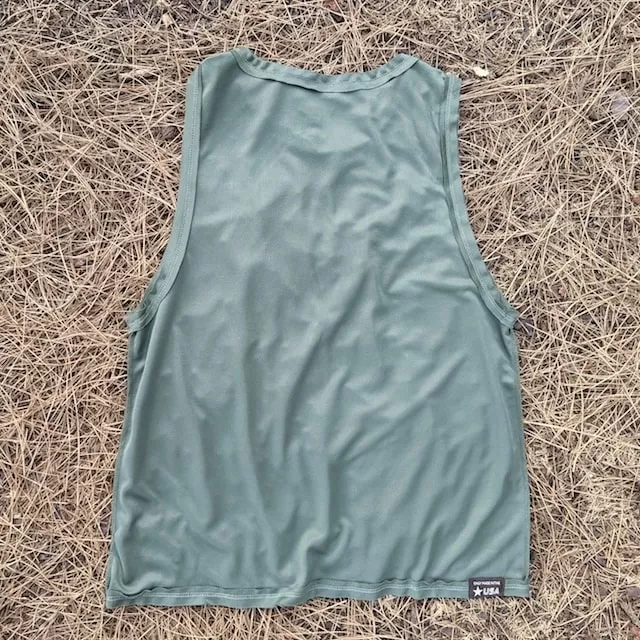 Runyon Men's Unisex Olive Green Tech Trail Tank - Muscle Workout Tank Top, Made In USA | Runyon Canyon Apparel Runyon Men's Unisex Olive Green Tech Trail Tank - Muscle Workout Tank Top, Made In USA | Runyon Canyon Apparel