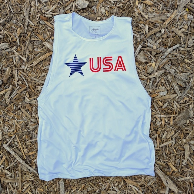 Runyon Women's Unisex White Star USA Muscle Tank great for Running, Hiking, Gym, Workout, Outdoors & Fitness -  Made In USA