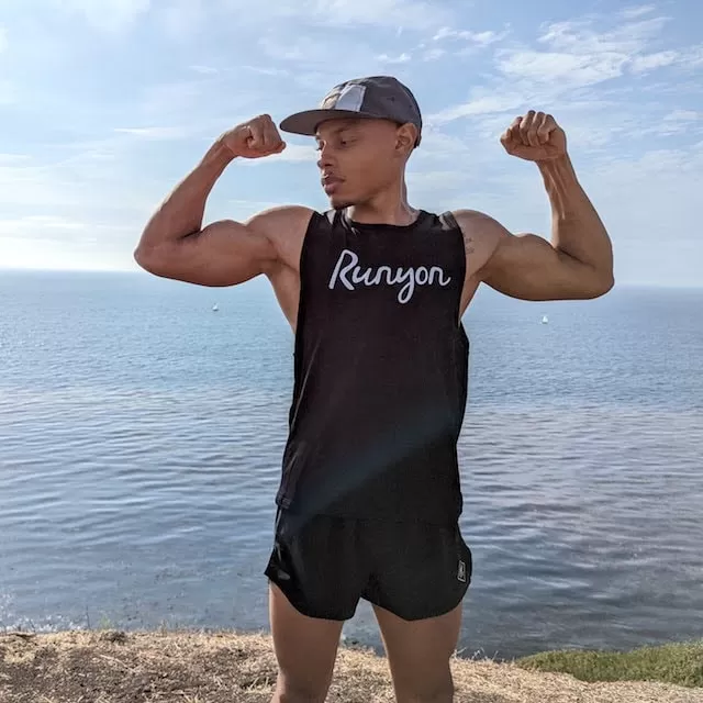 Runyon Unisex Black Reflective Script Muscle Workout Tank - Performance Sleeveless Muscle Tee Made In USA