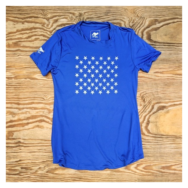 Runyon Women's Striped Star Royal Blue Training Shirt great for Running, Hiking, Outdoor Fitness Made In USA