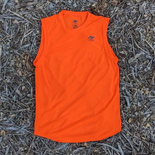 Runyon Men's Neon Safety Fluorescent Orange Sleeveless Muscle Tee Performance Workout Tank Top American Made In USA Runyon Men's Neon Safety Fluorescent Orange Sleeveless Muscle Tee Performance Workout Tank Top American Made In USA