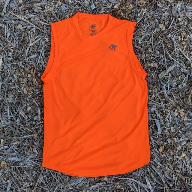 Runyon Men's Neon Safety Fluorescent Orange Sleeveless Muscle Tee Performance Workout Tank Top American Made In USA