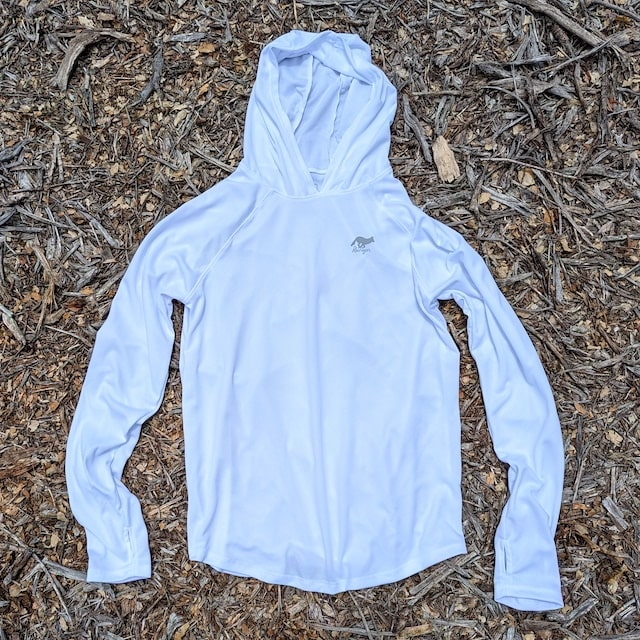 Runyon Men's White Sun Hoodie Shirt Long Sleeve Thumbholes Sun Protection Quick Dry American Made In USA