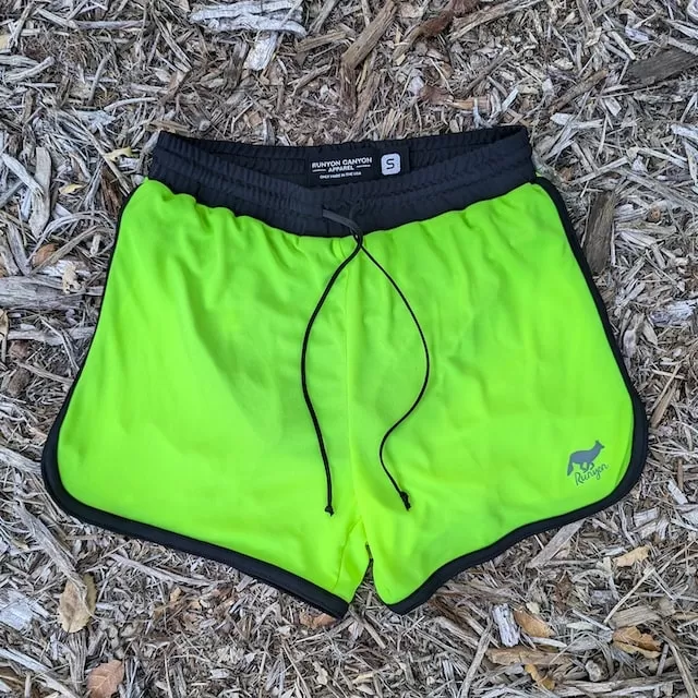 Runyon Women's Fluorescent Safety Neon Yellow Green Running Short - Retro Ranger 4" Inch Workout Short American Made In USA