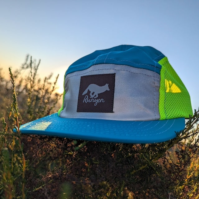 Runyon Teal Neon Reflective Camp Hat American Made In USA Trail Running Hiking Workout Performance Cap