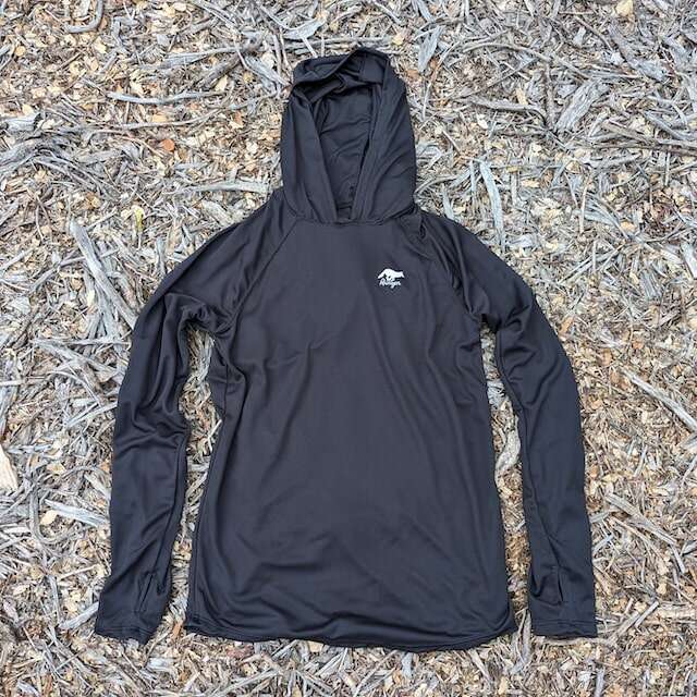 Black color long sleeve technical hoodie shirts with built-in thumbholes UPF protection for running, hiking, fitness, gym, workouts.  American Made In USA. Runyon Canyon Apparel