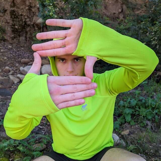 Bright lime green long sleeve technical hoodie shirts with built-in thumbholes UPF protection for running, hiking, fitness, gym, workouts.  American Made In USA. Runyon Canyon Apparel