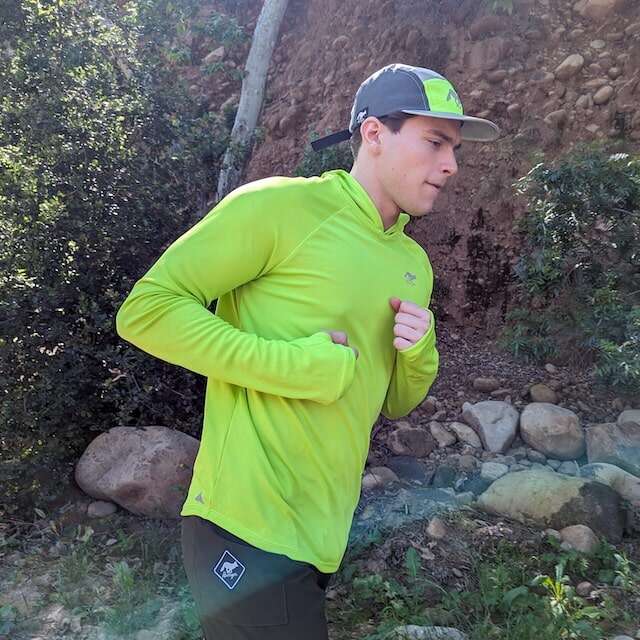 Bright Lime color long sleeve technical hoodie shirts with built-in thumbholes UPF protection for running, hiking, fitness, gym, workouts.  American Made In USA. Runyon Canyon Apparel