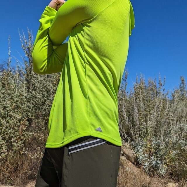 Bright lime green long sleeve technical hoodie shirts with built-in thumbholes UPF protection for running, hiking, fitness, gym, workouts.  American Made In USA. Runyon Canyon Apparel