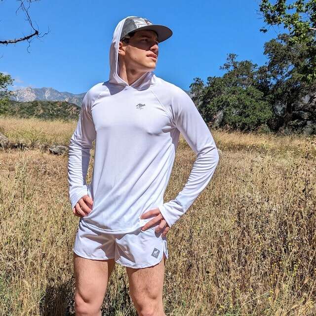 White color long sleeve technical hoodie shirts with built-in thumbholes UPF protection for running, hiking, fitness, gym, workouts.  American Made In USA. Runyon Canyon Apparel