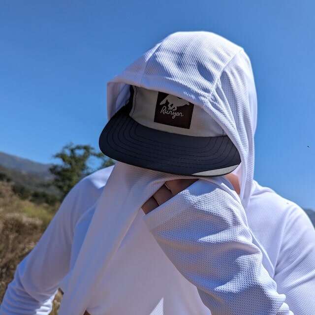 White color long sleeve technical hoodie shirts with built-in thumbholes UPF protection for running, hiking, fitness, gym, workouts.  American Made In USA. Runyon Canyon Apparel