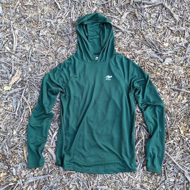 Forest Green color long sleeve technical hoodie shirts with built-in thumbholes UPF protection for running, hiking, fitness, gym, workouts.  American Made In USA. Runyon Canyon Apparel