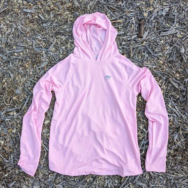 Cool Pink color long sleeve technical hoodie shirts with built-in thumbholes UPF protection for running, hiking, fitness, gym, workouts.  American Made In USA. Runyon Canyon Apparel