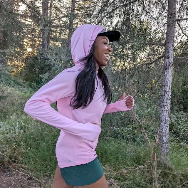 Cool Pink long sleeve technical hoodie shirts with built-in thumbholes UPF protection for running, hiking, fitness, gym, workouts.  American Made In USA. Runyon Canyon Apparel